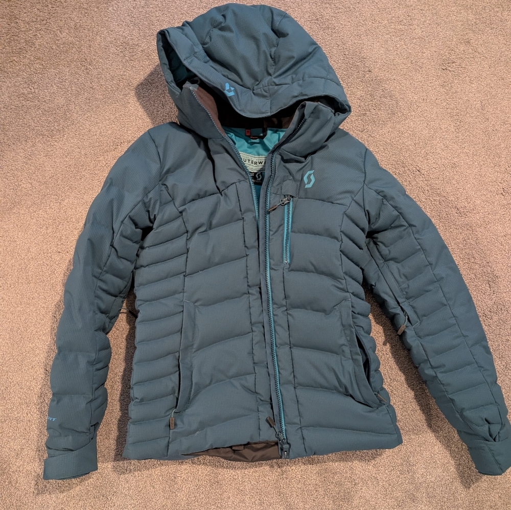 Dark Green Blue Hooded Scott Puffer Ski Jacket